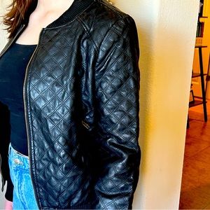 Ambiance Black Faux Leather Quilted Bomber Jacket Medium